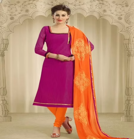 Hi-Fashion Magenta & Orange Embroidered Chanderi Straight Suit