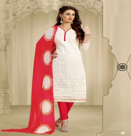 Hi-Fashion White & Red Embroidered Chanderi Straight Suit