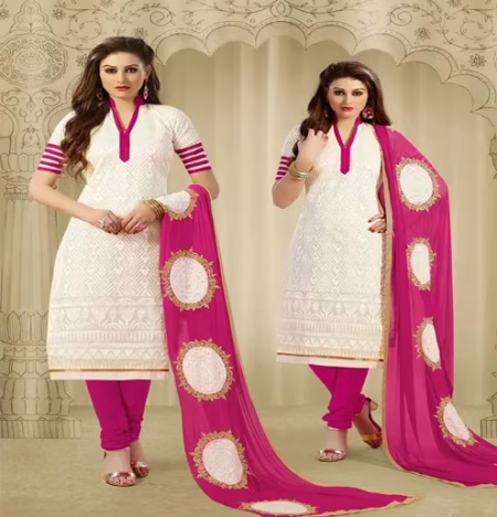 Hi-Fashion White & Pink Embroidered Chanderi Straight Suit