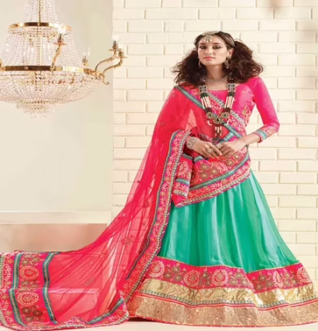 Hi-Fashion Embroidered Sea-Greeen With Pink Lehenga Choli