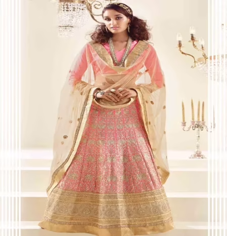 Hi-Fashion Embroidered Pink With Cream Lehenga Choli
