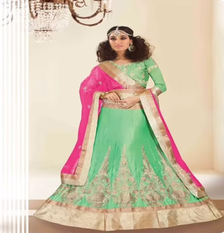 Hi-Fashion Embroidered Green With Pink Lehenga Choli