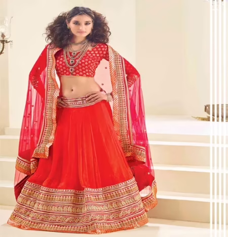 Hi-Fashion Embroidered Red Lehenga Choli