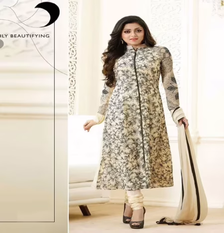 Hi-Fashion Semi-Stitched Cream Designer Embroidered Suit