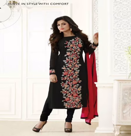 Hi-Fashion Semi-Stitched Black With Red Designer Embroidered Suit