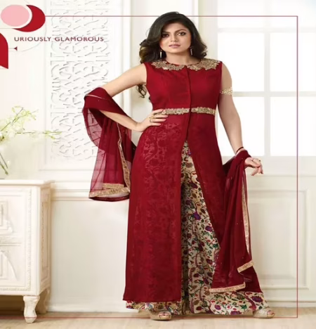 Hi-Fashion Semi-Stitched Maroon Designer Embroidered Suit