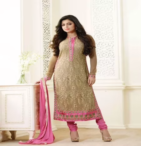 Hi-Fashion Semi-Stitched Beige With Pink Designer Embroidered Suit