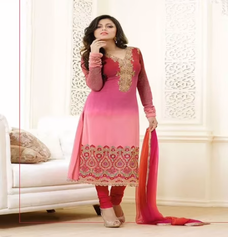 Hi-Fashion Semi-Stitched Pink Designer Embroidered Suit