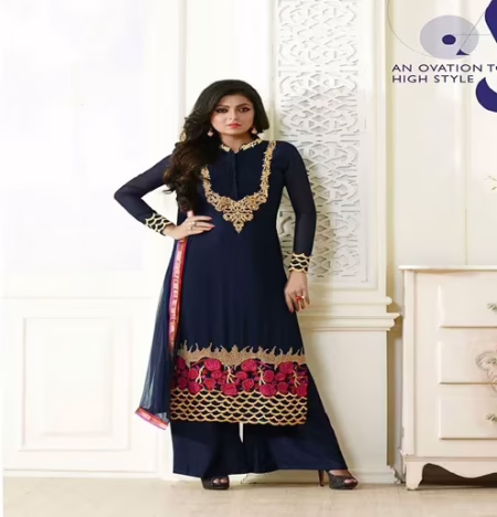 Hi-Fashion Semi-Stitched Navy Designer Embroidered Suit