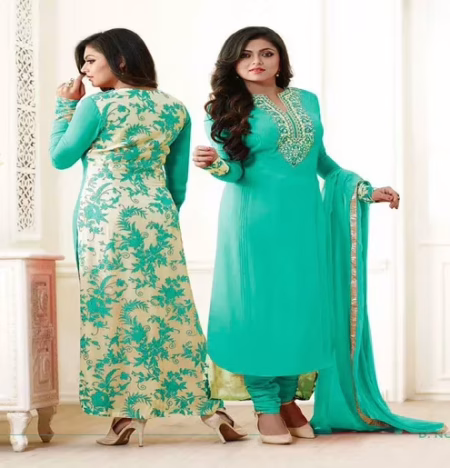 Hi-Fashion Semi-Stitched Aqua Designer Embroidered Suit