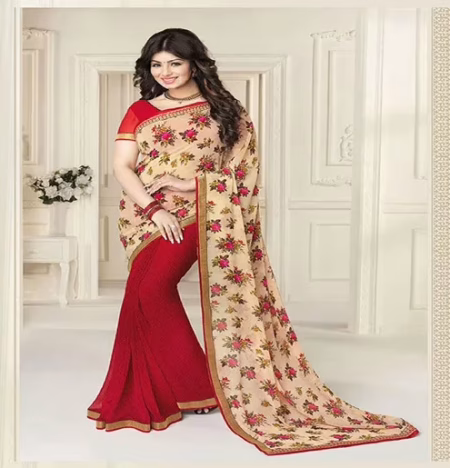 Hi-Fashion Red Printed Georgette Traditional Saree