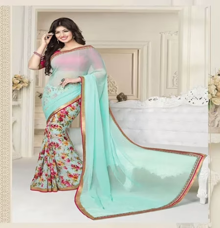 Hi-Fashion Aqua Printed Georgette Traditional Saree