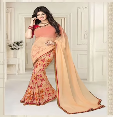 Hi-Fashion Cream Printed Georgette Traditional Saree