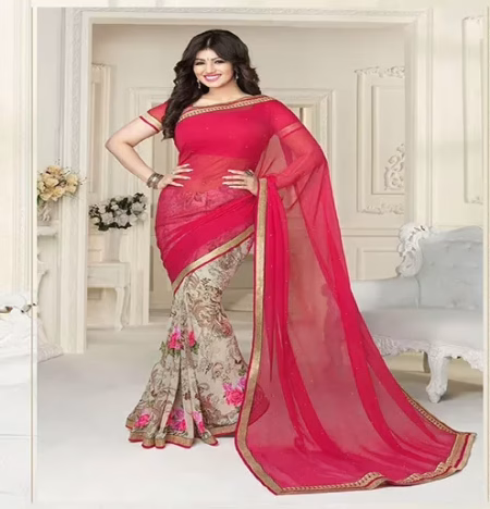 Hi-Fashion Pink Printed Georgette Traditional Saree