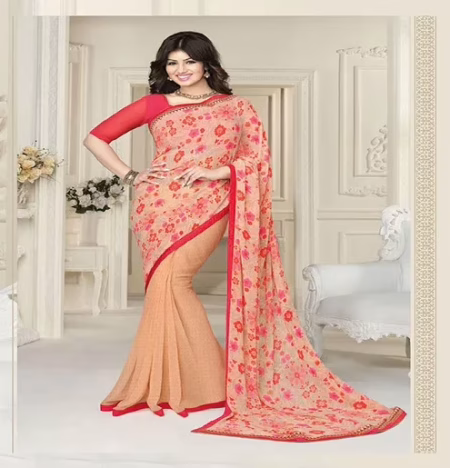 Hi-Fashion Peach Printed Georgette Traditional Saree