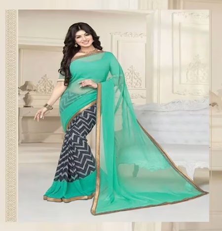 Hi-Fashion Sea Green Printed Georgette Traditional Saree