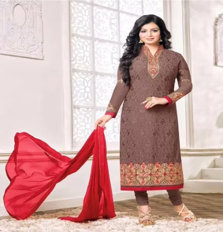 Hi-Fashion brown Semi-Stitched Straight Suit