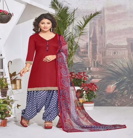 Hi-Fashion Cotton Red Unstitch Patiala Suit