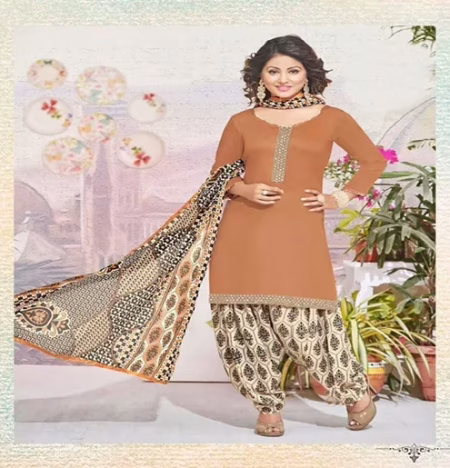 Hi-Fashion Cotton Brown Unstitch Patiala Suit