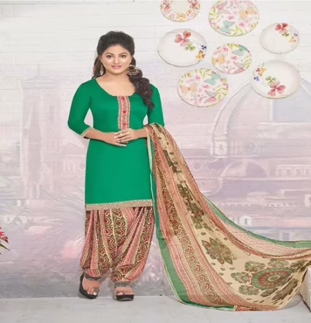 Hi-Fashion Cotton Green Unstitch Patiala Suit