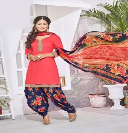Hi-Fashion Cotton Red Unstitch Patiala Suit