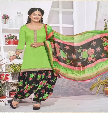 Hi-Fashion Cotton Green Unstitch Patiala Suit