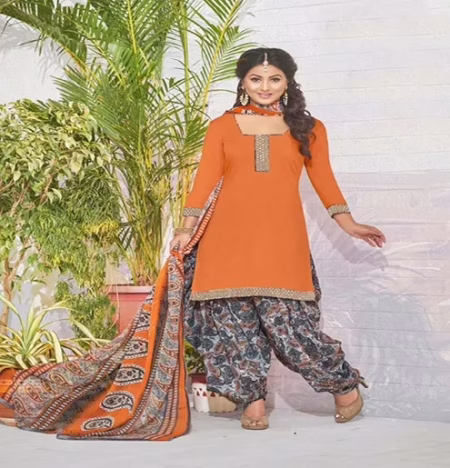 Hi-Fashion Cotton orange Unstitch Patiala Suit