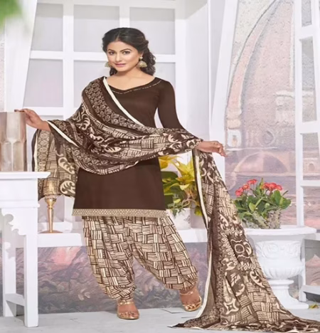 Hi-Fashion Cotton Brown Unstitch Patiala Suit