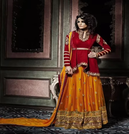 Hi-Fashion Semi-Stitched Maroon With Yellow Embroidered Designer Suit