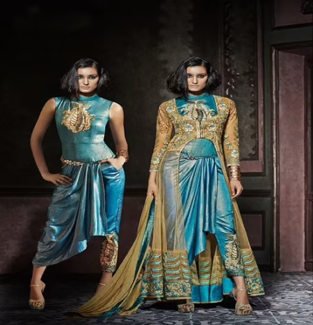 Hi-Fashion Semi-Stitched Turquoise With Beige Embroidered Designer Suit