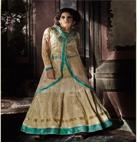 Hi-Fashion Semi-Stitched Designer Beige Embroidered Lehanga Suit