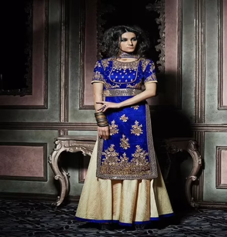 Hi-Fashion Semi-Stitched Designer Blue With Cream Embroidered Lehanga Suit