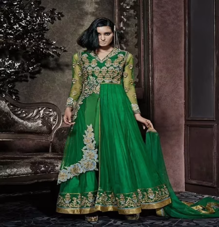 Hi-Fashion Semi-Stitched Green Embroidered Designer Suit