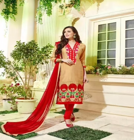 Hi-Fashion Unstitched Beige With Red Straight Suit