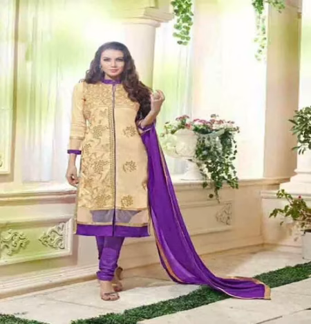 Hi-Fashion Unstitched Cream With Purple Straight Suit