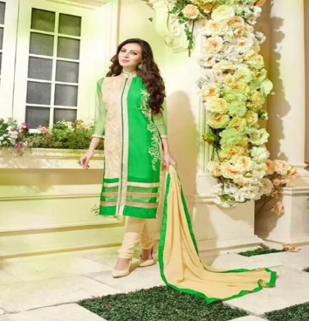 Hi-Fashion Unstitched Green With Cream Straight Suit