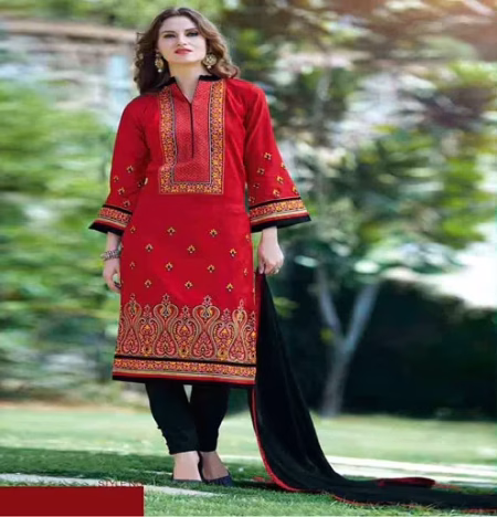 Hi-Fashion Unstitched Red With Black Embroidered Trendy Suit