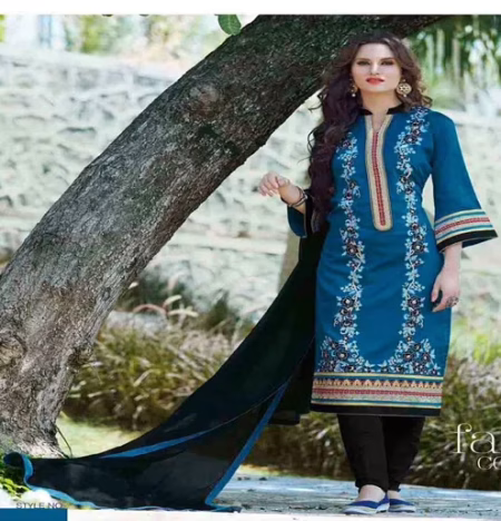 Hi-Fashion Unstitched Blue With Black Embroidered Trendy Suit