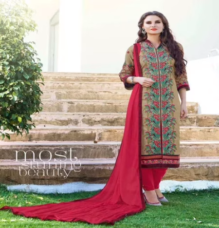 Hi-Fashion Unstitched Beige With Red Embroidered Trendy Suit