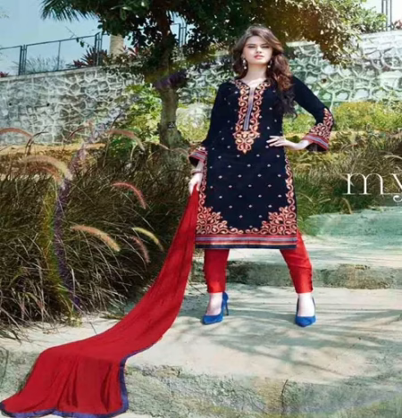 Hi-Fashion Unstitched Black With Red Embroidered Trendy Suit