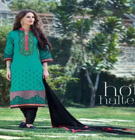 Hi-Fashion Unstitched Blue With Black Embroidered Trendy Suit