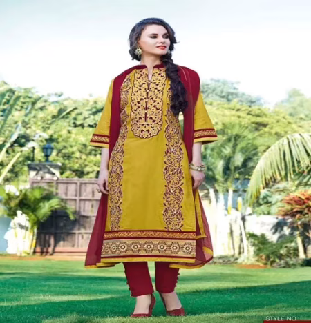 Hi-Fashion Unstitched Yellow With Red Embroidered Trendy Suit