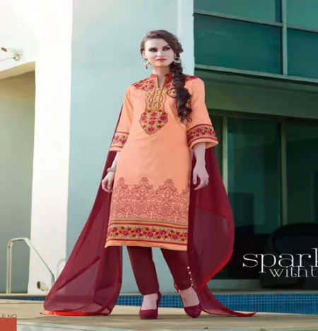 Hi-Fashion Unstitched Orange With Red Embroidered Trendy Suit