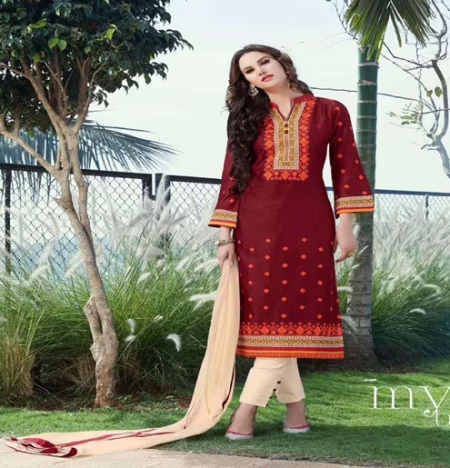 Hi-Fashion Unstitched Maroon With Cream Embroidered Trendy Suit