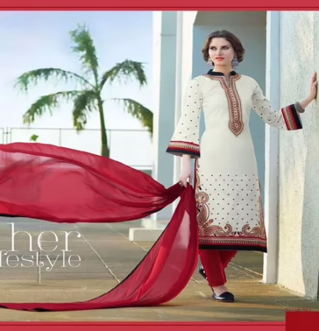 Hi-Fashion Unstitched White With Red Embroidered Trendy Suit