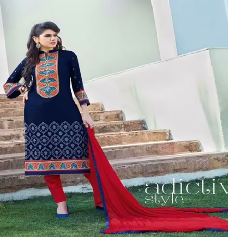 Hi-Fashion Unstitched Blue With Red Embroidered Trendy Suit