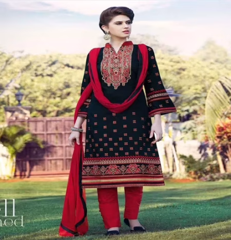 Hi-Fashion Unstitched Black With Red Embroidered Trendy Suit