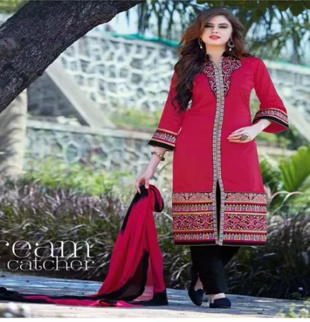 Hi-Fashion Unstitched Pink With Black Embroidered Trendy Suit