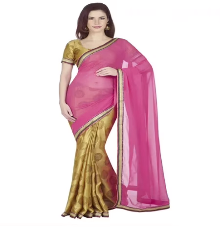 Hi-Fashion Pink Chiffon Lace Work Saree