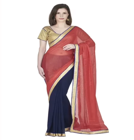 Hi-Fashion Maroon Georgette,Net Border Lace Work Work Saree